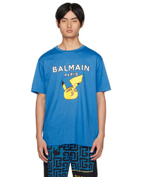 blaues bedrucktes T-Shirt mit einem Rundhalsausschnitt von Balmain