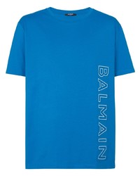blaues bedrucktes T-Shirt mit einem Rundhalsausschnitt von Balmain