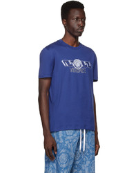 blaues bedrucktes T-Shirt mit einem Rundhalsausschnitt von Versace