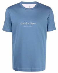 blaues bedrucktes T-Shirt mit einem Rundhalsausschnitt von Brunello Cucinelli