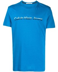 blaues bedrucktes T-Shirt mit einem Rundhalsausschnitt von Calvin Klein