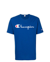 blaues bedrucktes T-Shirt mit einem Rundhalsausschnitt von Champion