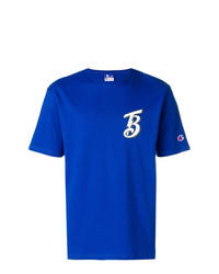 blaues bedrucktes T-Shirt mit einem Rundhalsausschnitt von Champion