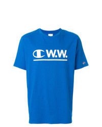 blaues bedrucktes T-Shirt mit einem Rundhalsausschnitt von Champion X Wood Wood