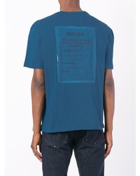 blaues bedrucktes T-Shirt mit einem Rundhalsausschnitt von Maison Margiela