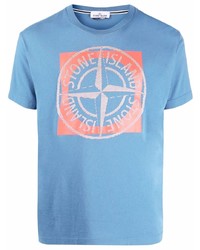 blaues bedrucktes T-Shirt mit einem Rundhalsausschnitt von Stone Island