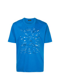 blaues bedrucktes T-Shirt mit einem Rundhalsausschnitt von D'urban
