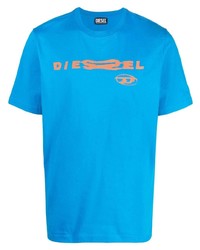 blaues bedrucktes T-Shirt mit einem Rundhalsausschnitt von Diesel