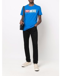 blaues bedrucktes T-Shirt mit einem Rundhalsausschnitt von Diesel