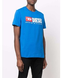 blaues bedrucktes T-Shirt mit einem Rundhalsausschnitt von Diesel