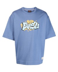 blaues bedrucktes T-Shirt mit einem Rundhalsausschnitt von Evisu