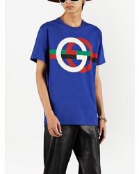 blaues bedrucktes T-Shirt mit einem Rundhalsausschnitt von Gucci