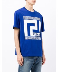 blaues bedrucktes T-Shirt mit einem Rundhalsausschnitt von Versace