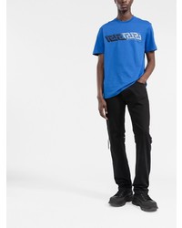 blaues bedrucktes T-Shirt mit einem Rundhalsausschnitt von Versace