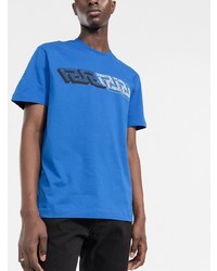 blaues bedrucktes T-Shirt mit einem Rundhalsausschnitt von Versace