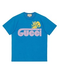 blaues bedrucktes T-Shirt mit einem Rundhalsausschnitt von Gucci