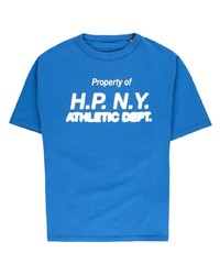 blaues bedrucktes T-Shirt mit einem Rundhalsausschnitt von Heron Preston