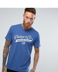 blaues bedrucktes T-Shirt mit einem Rundhalsausschnitt von Jack and Jones