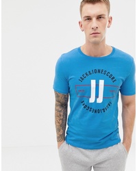 blaues bedrucktes T-Shirt mit einem Rundhalsausschnitt von Jack & Jones