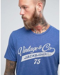 blaues bedrucktes T-Shirt mit einem Rundhalsausschnitt von Jack and Jones