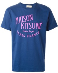 blaues bedrucktes T-Shirt mit einem Rundhalsausschnitt von Kitsune