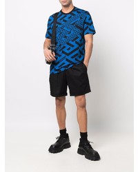 blaues bedrucktes T-Shirt mit einem Rundhalsausschnitt von Versace