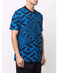 blaues bedrucktes T-Shirt mit einem Rundhalsausschnitt von Versace