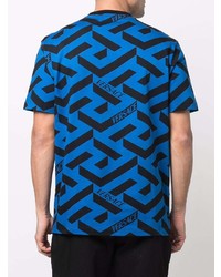 blaues bedrucktes T-Shirt mit einem Rundhalsausschnitt von Versace