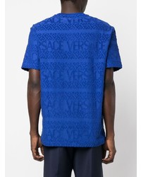 blaues bedrucktes T-Shirt mit einem Rundhalsausschnitt von Versace