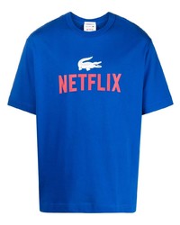 blaues bedrucktes T-Shirt mit einem Rundhalsausschnitt von Lacoste