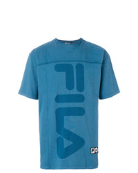 blaues bedrucktes T-Shirt mit einem Rundhalsausschnitt von Liam Hodges