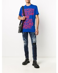 blaues bedrucktes T-Shirt mit einem Rundhalsausschnitt von DSQUARED2