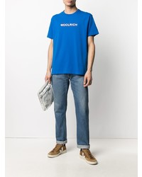 blaues bedrucktes T-Shirt mit einem Rundhalsausschnitt von Woolrich