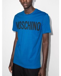 blaues bedrucktes T-Shirt mit einem Rundhalsausschnitt von Moschino