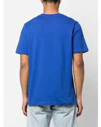 blaues bedrucktes T-Shirt mit einem Rundhalsausschnitt von Wood Wood