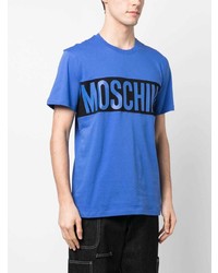 blaues bedrucktes T-Shirt mit einem Rundhalsausschnitt von Moschino