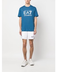 blaues bedrucktes T-Shirt mit einem Rundhalsausschnitt von Ea7 Emporio Armani