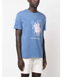 blaues bedrucktes T-Shirt mit einem Rundhalsausschnitt von Polo Ralph Lauren