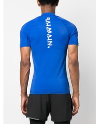 blaues bedrucktes T-Shirt mit einem Rundhalsausschnitt von Balmain