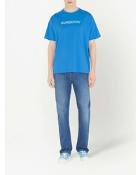 blaues bedrucktes T-Shirt mit einem Rundhalsausschnitt von Burberry