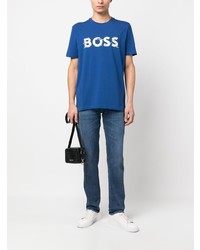 blaues bedrucktes T-Shirt mit einem Rundhalsausschnitt von BOSS