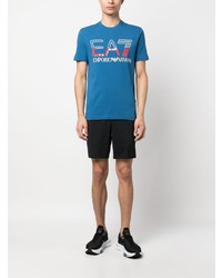 blaues bedrucktes T-Shirt mit einem Rundhalsausschnitt von Ea7 Emporio Armani