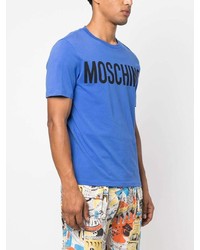 blaues bedrucktes T-Shirt mit einem Rundhalsausschnitt von Moschino