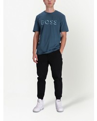 blaues bedrucktes T-Shirt mit einem Rundhalsausschnitt von BOSS