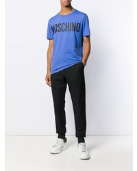 blaues bedrucktes T-Shirt mit einem Rundhalsausschnitt von Moschino