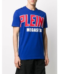 blaues bedrucktes T-Shirt mit einem Rundhalsausschnitt von Philipp Plein