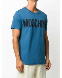 blaues bedrucktes T-Shirt mit einem Rundhalsausschnitt von Moschino