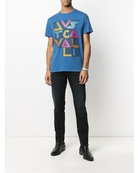 blaues bedrucktes T-Shirt mit einem Rundhalsausschnitt von Just Cavalli