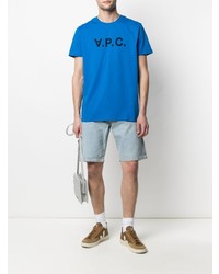 blaues bedrucktes T-Shirt mit einem Rundhalsausschnitt von A.P.C.