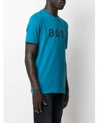 blaues bedrucktes T-Shirt mit einem Rundhalsausschnitt von BOSS